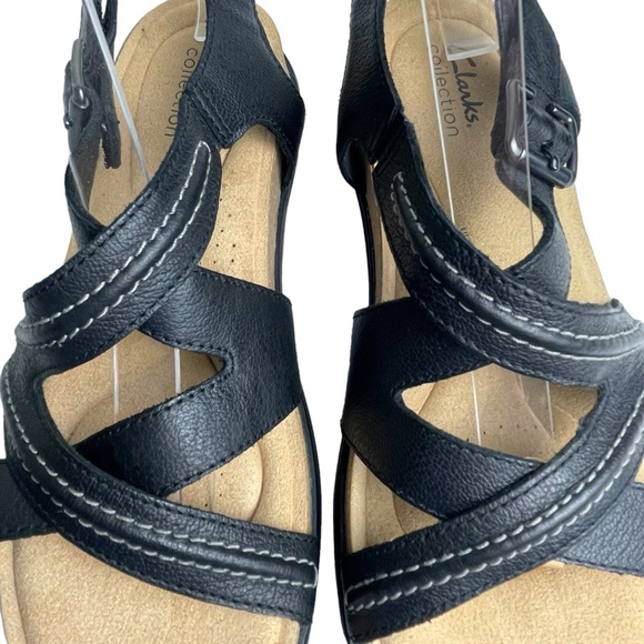Clarks WMN Brynn Ave Sandals Leather Black Comfort Strappy Wedge Platform Sz 9.5 - Picture 3 of 15